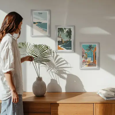 Tríptico de paisajes tropicales con playas y palmeras enmarcado