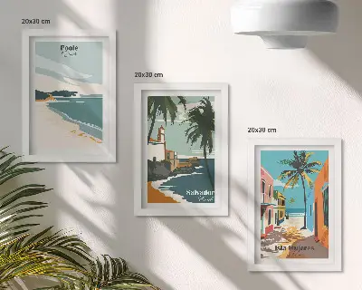 Tríptico de paisajes tropicales con playas y palmeras enmarcado