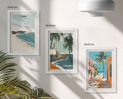 Tríptico enmarcado Paisajes tropicales con playas y palmeras.