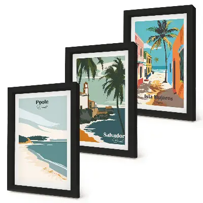 Tríptico de paisajes tropicales con playas y palmeras enmarcado