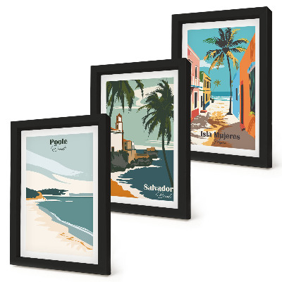 Tríptico enmarcado Paisajes tropicales con playas y palmeras.