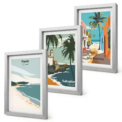 Tríptico de paisajes tropicales con playas y palmeras enmarcado