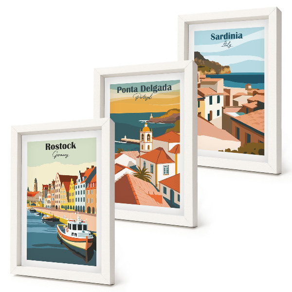 Juego de 3 cuadros decorativos Vistas de ciudades costeras y portuarias europeas.