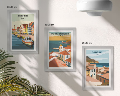 Juego de 3 cuadros decorativos Vistas de ciudades costeras y portuarias europeas.