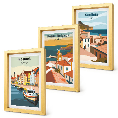 Juego de 3 cuadros decorativos Vistas de ciudades costeras y portuarias europeas.