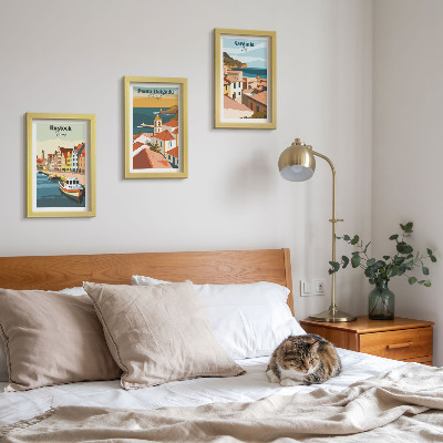 Juego de 3 cuadros decorativos Vistas de ciudades costeras y portuarias europeas.