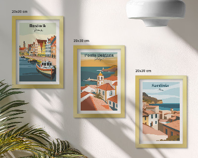 Juego de 3 cuadros decorativos Vistas de ciudades costeras y portuarias europeas.