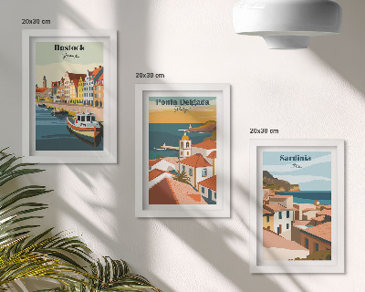 Juego de 3 cuadros decorativos Vistas de ciudades costeras y portuarias europeas.