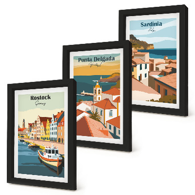 Juego de 3 cuadros decorativos Vistas de ciudades costeras y portuarias europeas.