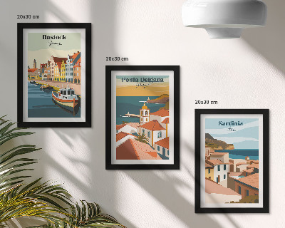 Juego de 3 cuadros decorativos Vistas de ciudades costeras y portuarias europeas.