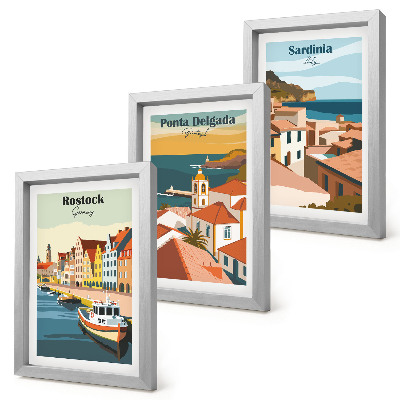Juego de 3 cuadros decorativos Vistas de ciudades costeras y portuarias europeas.