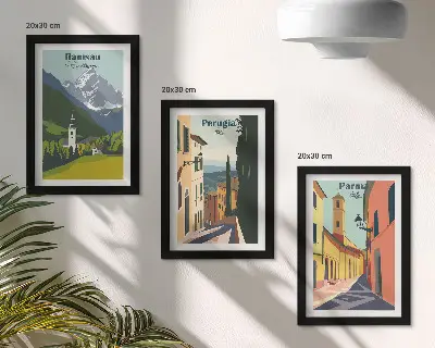 Tríptico enmarcado con paisajes de montaña y calles de ciudades italianas