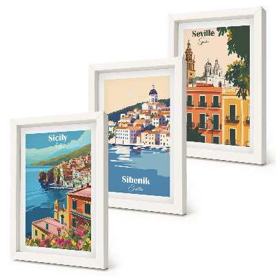 Juego de 3 cuadros decorativos Paisajes de ciudades europeas con edificios coloridos