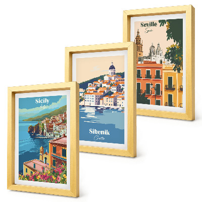 Juego de 3 cuadros decorativos Paisajes de ciudades europeas con edificios coloridos