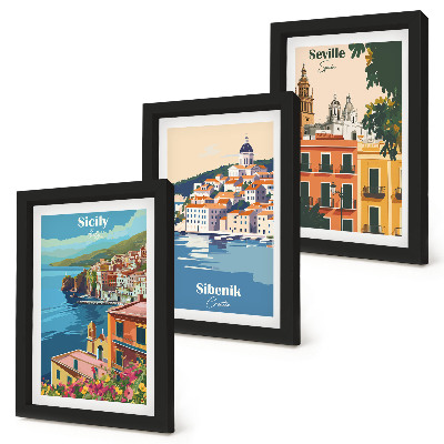 Juego de 3 cuadros decorativos Paisajes de ciudades europeas con edificios coloridos