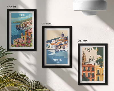 Juego de 3 cuadros decorativos Paisajes de ciudades europeas con edificios coloridos