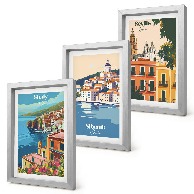 Juego de 3 cuadros decorativos Paisajes de ciudades europeas con edificios coloridos