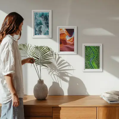 Juego de 3 cuadros decorativos con paisaje de agua en movimiento en el cañón y naturaleza de bosque verde