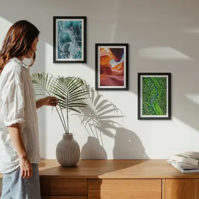 Juego de 3 cuadros decorativos con paisaje de agua en movimiento en el cañón y naturaleza de bosque verde