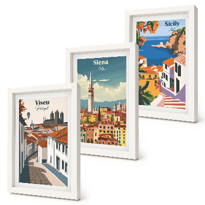 Tríptico enmarcado Ilustraciones retro de ciudades famosas de todo el mundo.