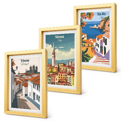 Tríptico enmarcado Ilustraciones retro de ciudades famosas de todo el mundo.