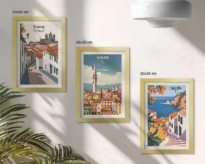 Tríptico enmarcado ilustraciones retro de ciudades famosas del mundo
