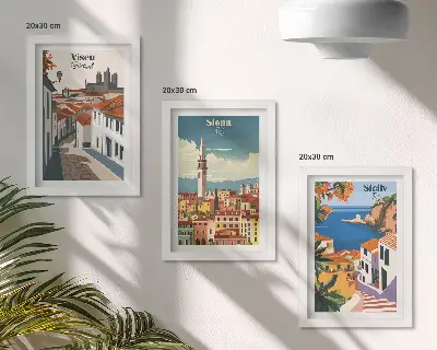Tríptico enmarcado ilustraciones retro de ciudades famosas del mundo