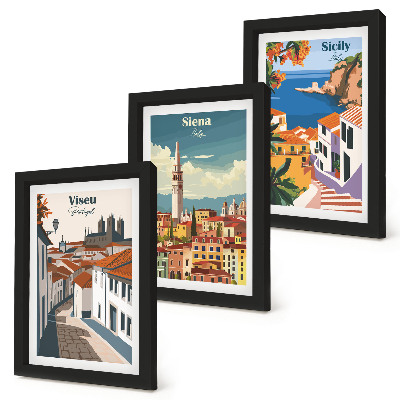 Tríptico enmarcado Ilustraciones retro de ciudades famosas de todo el mundo.