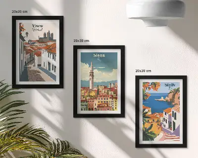 Tríptico enmarcado ilustraciones retro de ciudades famosas del mundo