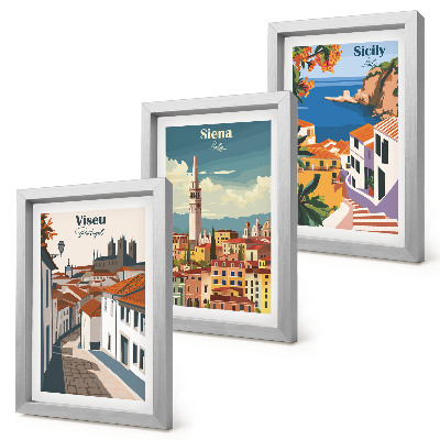 Tríptico enmarcado Ilustraciones retro de ciudades famosas de todo el mundo.