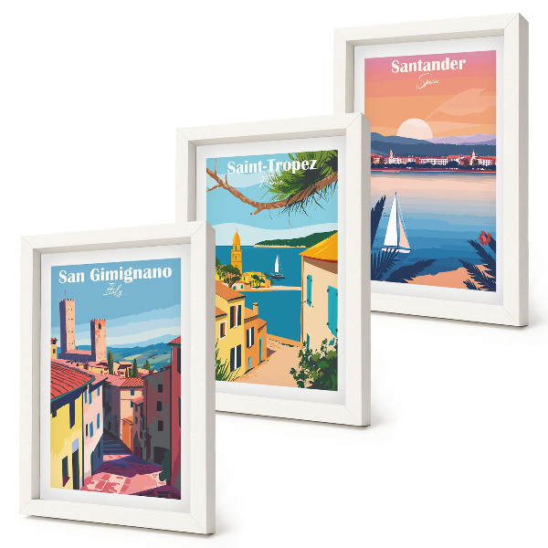 Juego de 3 cuadros decorativos Pueblos italianos y paisajes costeros de estilo retro.