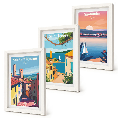 Juego de 3 cuadros decorativos Pueblos italianos y paisajes costeros de estilo retro.