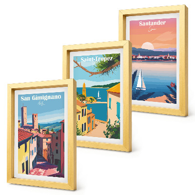 Juego de 3 cuadros decorativos Pueblos italianos y paisajes costeros de estilo retro.
