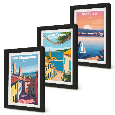 Juego de 3 cuadros decorativos Pueblos italianos y paisajes costeros de estilo retro.