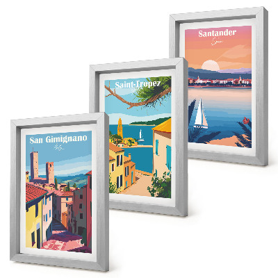 Juego de 3 cuadros decorativos Pueblos italianos y paisajes costeros de estilo retro.