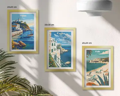 Tríptico de paisajes costeros pintorescos enmarcados con destinos turísticos