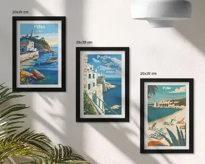 Tríptico de paisajes costeros pintorescos enmarcados con destinos turísticos
