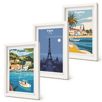 Juego de 3 cuadros decorativos Vistas de ciudades costeras y su arquitectura.