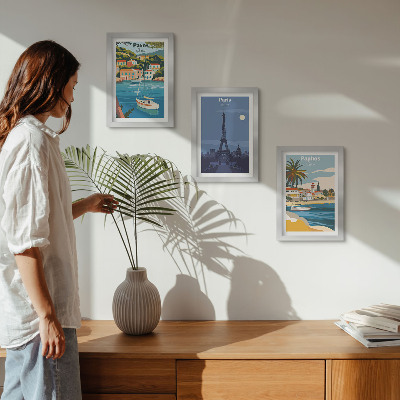 Juego de 3 cuadros decorativos Vistas de ciudades costeras y su arquitectura.