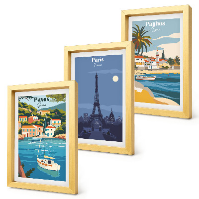 Juego de 3 cuadros decorativos Vistas de ciudades costeras y su arquitectura.