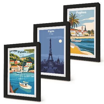 Juego de 3 cuadros decorativos Vistas de ciudades costeras y su arquitectura.