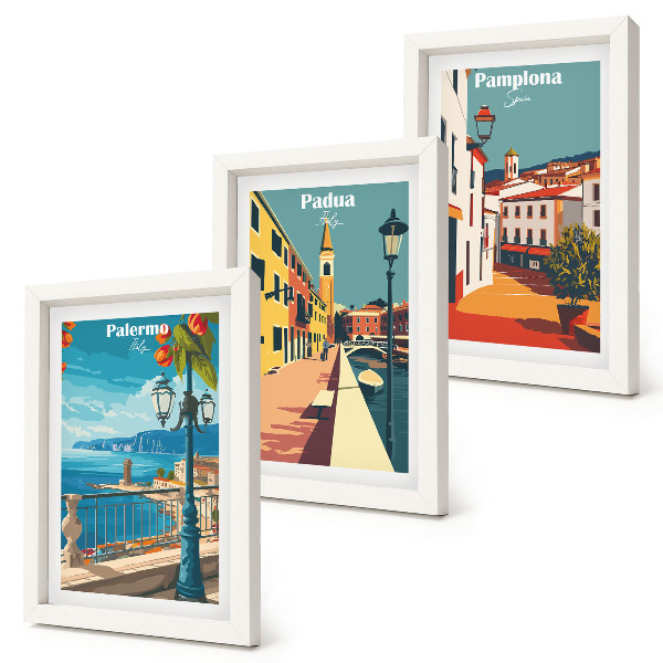 Tríptico enmarcado Ciudades populares en un estilo ilustrativo retro.