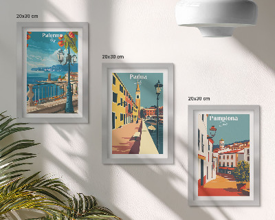 Tríptico enmarcado Ciudades populares en un estilo ilustrativo retro.