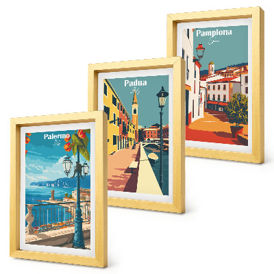 Tríptico enmarcado Ciudades populares en un estilo ilustrativo retro.