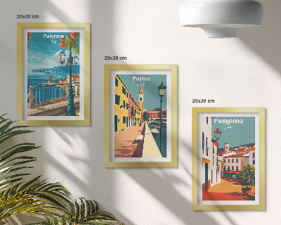 Tríptico enmarcado Ciudades populares en un estilo ilustrativo retro.