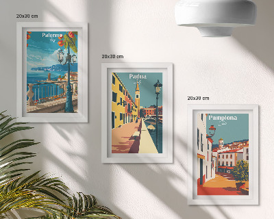 Tríptico enmarcado Ciudades populares en un estilo ilustrativo retro.
