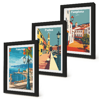 Tríptico enmarcado Ciudades populares en un estilo ilustrativo retro.