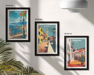 Tríptico enmarcado Ciudades populares en un estilo ilustrativo retro.