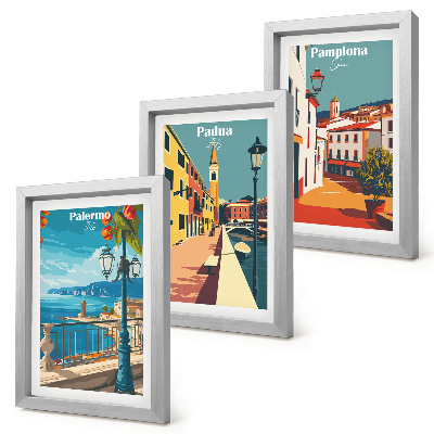 Tríptico enmarcado Ciudades populares en un estilo ilustrativo retro.