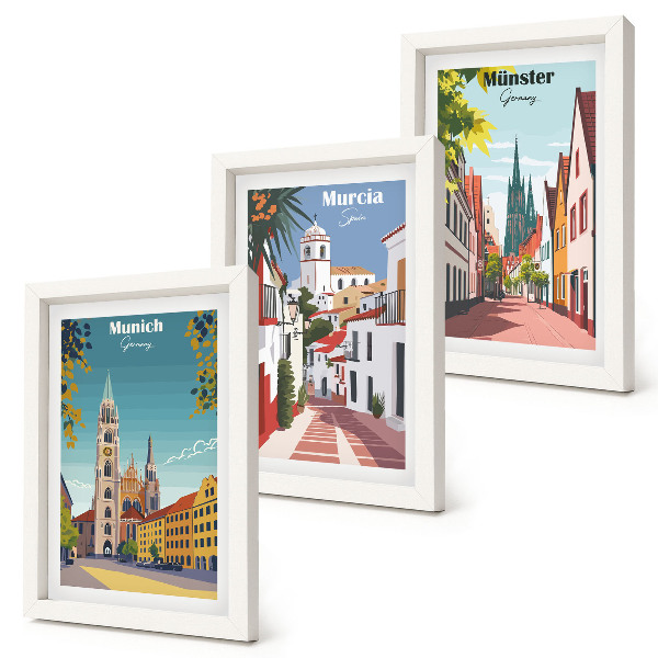 Juego de 3 cuadros decorativos Ciudades europeas en coloridas ilustraciones